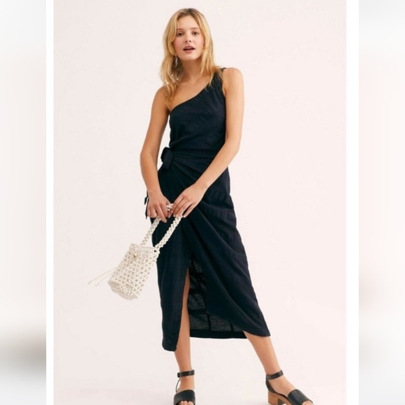 FREE PEOPLE At Leisure Midi One Shoulder Cotton/linen Dress In Black. XS - Picture 2 of 16